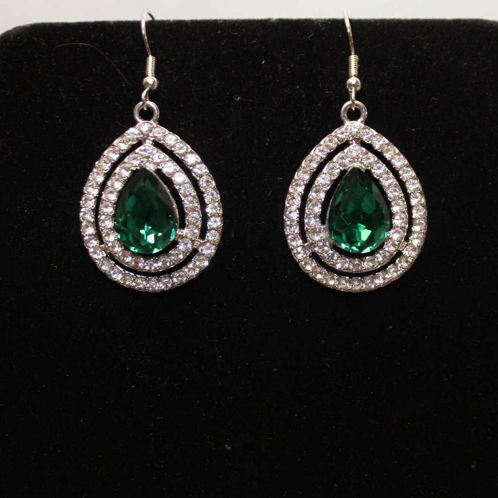 Green Rhinestone Tear Drop Dangle Earrings